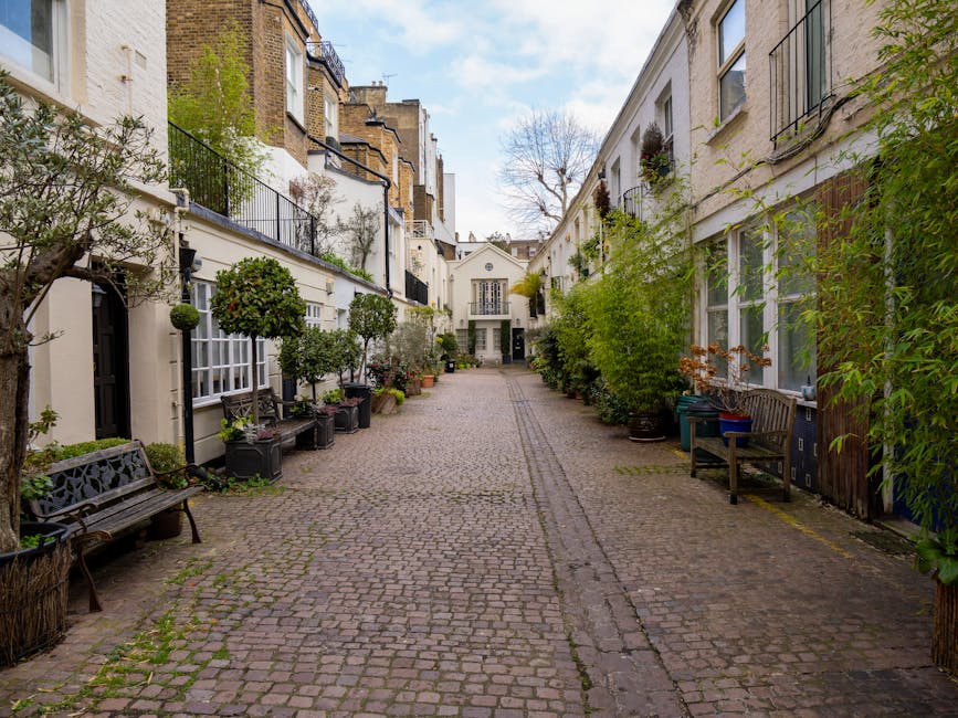 A cobblestone courtyard in South Kensington with rows of white residential buildings on either side, featuring black wrought-iron balconies and large windows. The courtyard is lined with potted plants and small trees, some in black containers, and a few wooden benches positioned along the edges. The scene is illuminated by natural daylight, with a partly cloudy sky overhead, creating a clean and well-maintained outdoor space. Southkensingtoncarpetcleaners.co.uk specializes in surface cleaning and deep cleaning services, ensuring hygienic and pristine environments both indoors and outdoors.